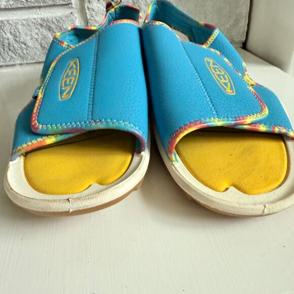 Keen Knotch Creek Sz 7 Open Toe Sandals Shoes Blue Yellow Adaptive Hook & Loop - Picture 4 of 11